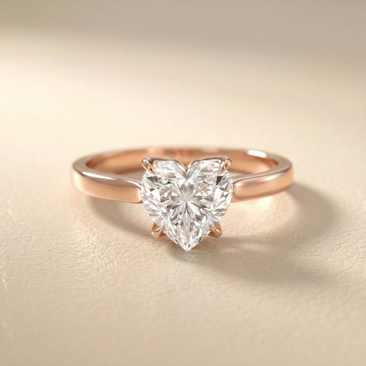 Heart Cut Lab Grown Diamond Solitaire Engagement Ring in pink Rose Gold floral setting.