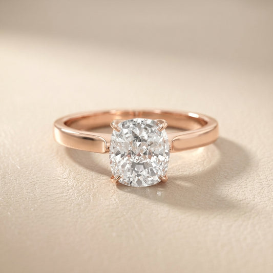 Cushion Cut Lab Grown Diamond Solitaire Engagement Ring with floral basket detail in Rose Gold
