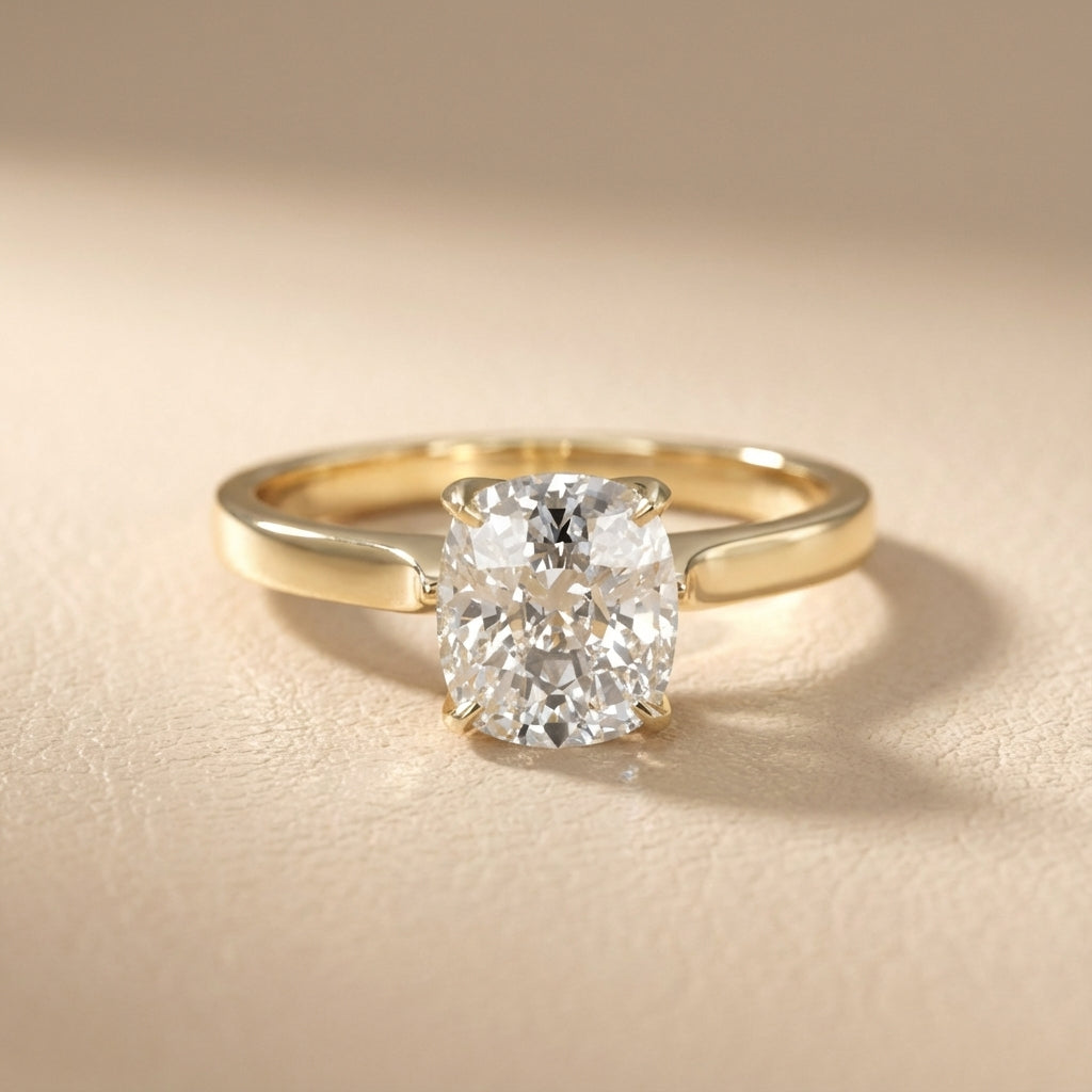 Cushion Cut Lab Grown Diamond Solitaire Engagement Ring with floral basket detail in Yellow Gold