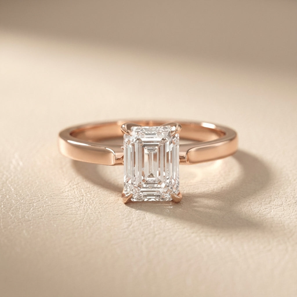 Emerald Cut Lab Grown Diamond Solitaire Engagement Ring in Rose Gold with Floral Basket Setting