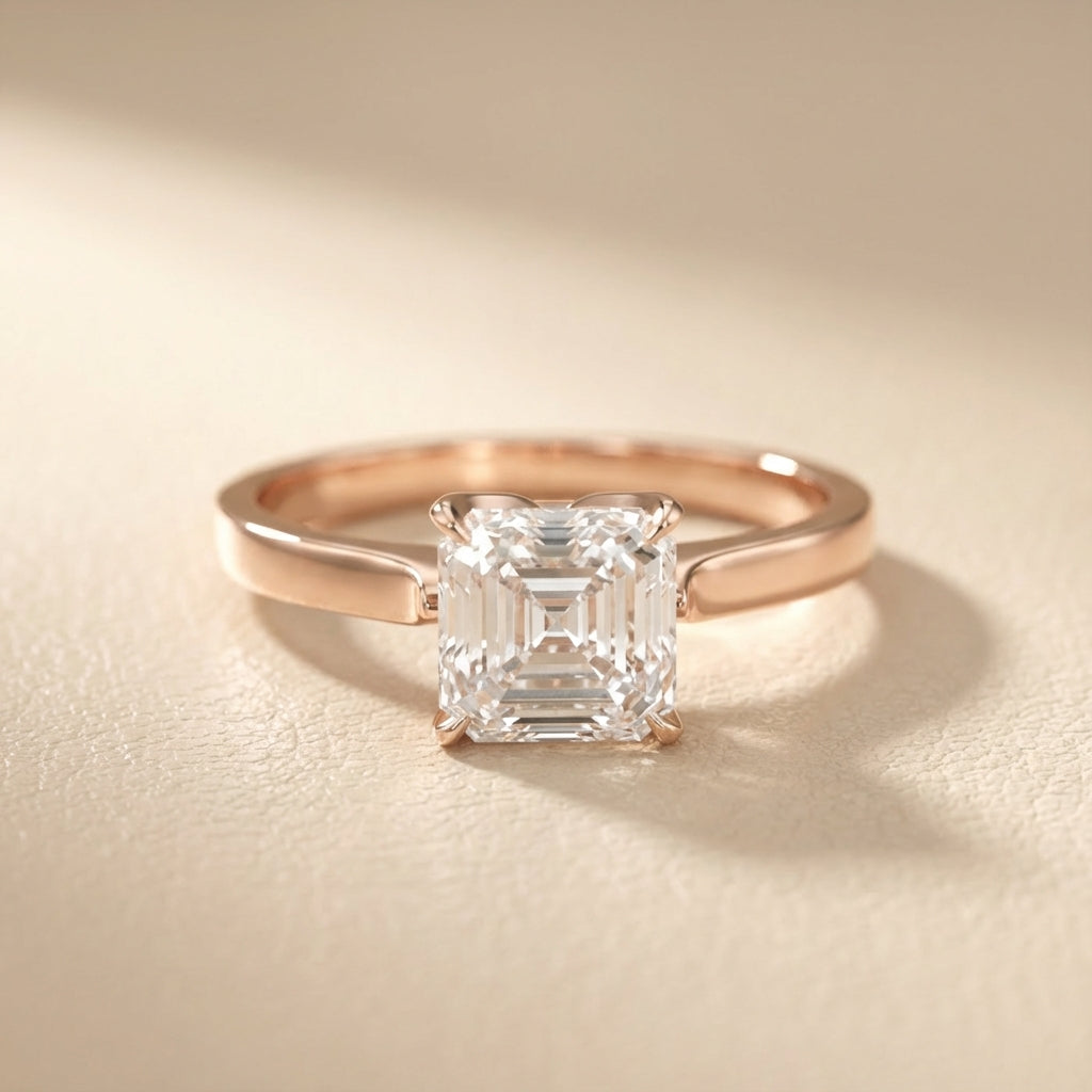 Asscher Cut Lab Grown Diamond Solitaire Engagement Ring in Rose Gold showing floral prong setting.