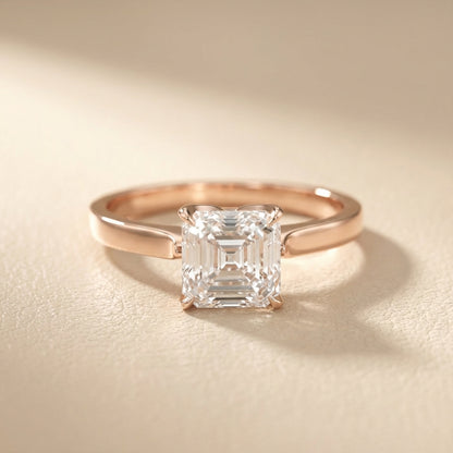 Asscher Cut Lab Grown Diamond Solitaire Engagement Ring in Rose Gold showing floral prong setting.