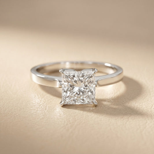 Princess Cut Lab Grown Diamond Solitaire Engagement Ring in White Gold with cathedral setting.
