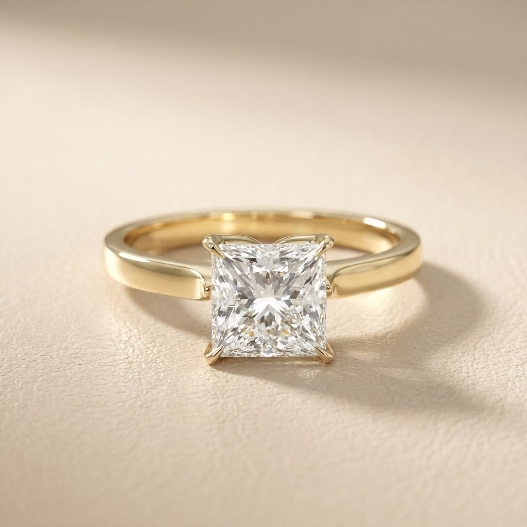 Princess Cut Lab Grown Diamond Solitaire Engagement Ring in Yellow Gold floral setting.