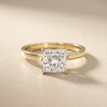 Princess Cut Lab Grown Diamond Solitaire Engagement Ring in Yellow Gold floral setting.
