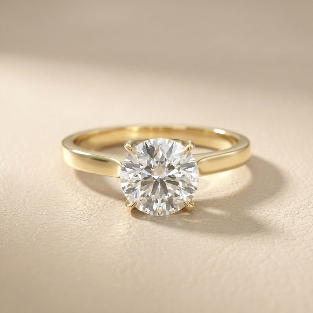 Round cut lab grown diamond solitaire engagement ring in yellow gold with floral basket setting