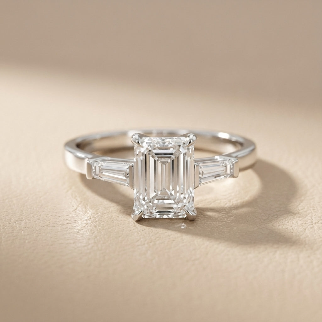 Emerald Cut Lab Grown Diamond Solitaire Engagement Ring in Silver with Floral Basket Setting