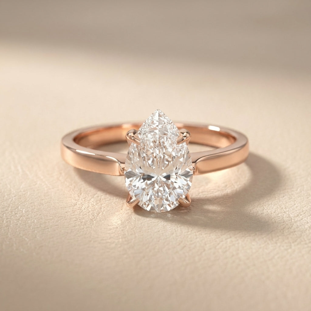 Pear Cut Lab Grown Diamond Solitaire Engagement Ring in Rose Gold showing floral prong details