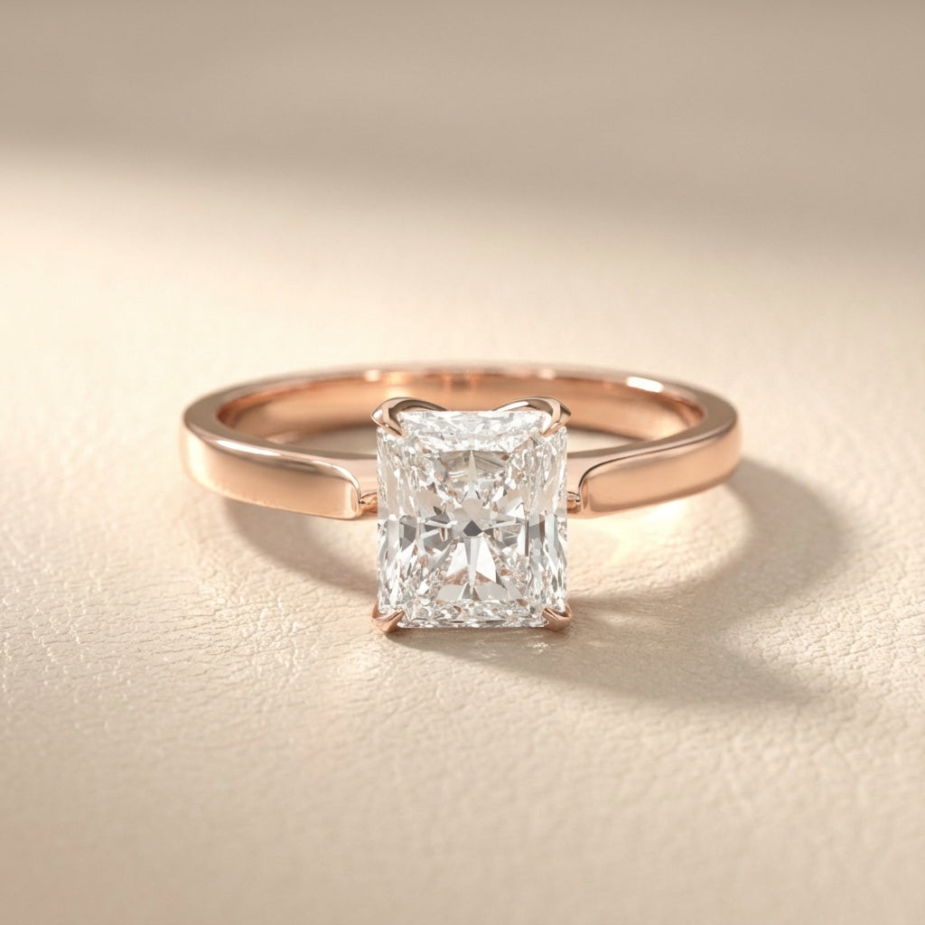Radiant Cut Lab Grown Diamond Solitaire Engagement Ring in Rose Gold showing side profile