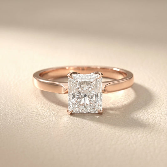 Radiant Cut Lab Grown Diamond Solitaire Engagement Ring in Rose Gold showing side profile