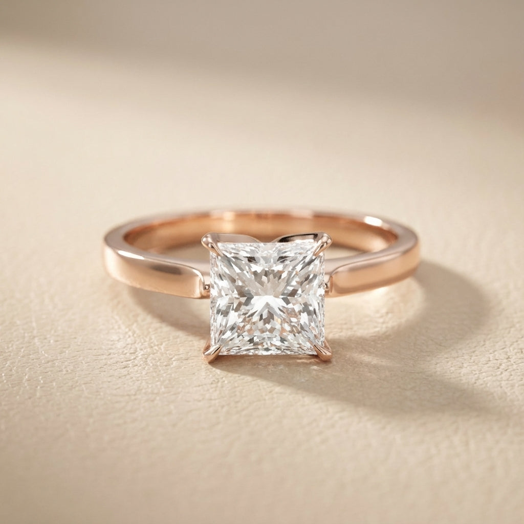 Princess Cut Lab Grown Diamond Solitaire Engagement Ring in Rose Gold showing side profile.