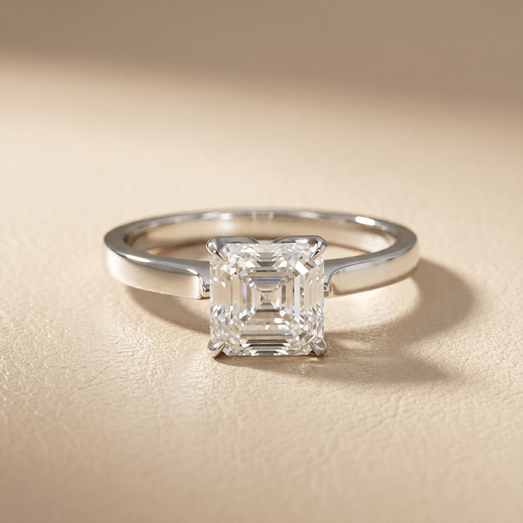 Asscher Cut Lab Grown Diamond Solitaire Engagement Ring in Platinum side profile view.