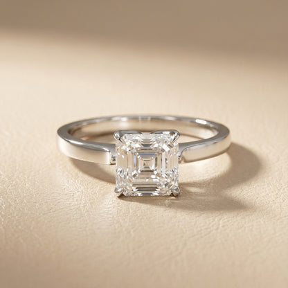 Asscher Cut Lab Grown Diamond Solitaire Engagement Ring in Platinum side profile view.
