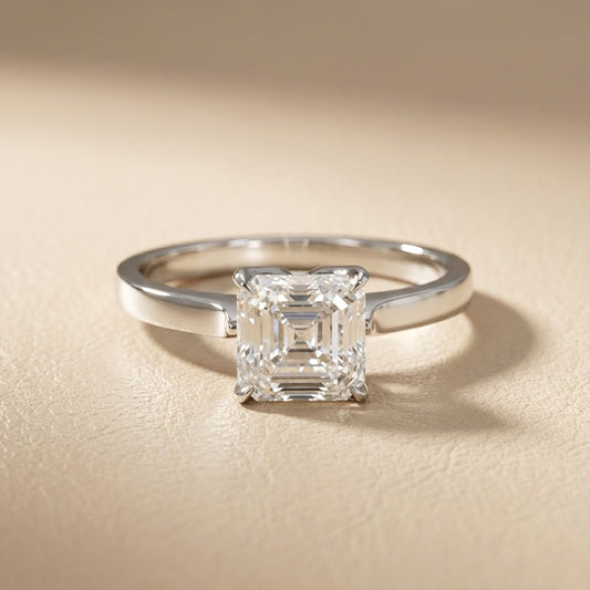 Asscher Cut Lab Grown Diamond Solitaire Engagement Ring in Platinum side profile view.