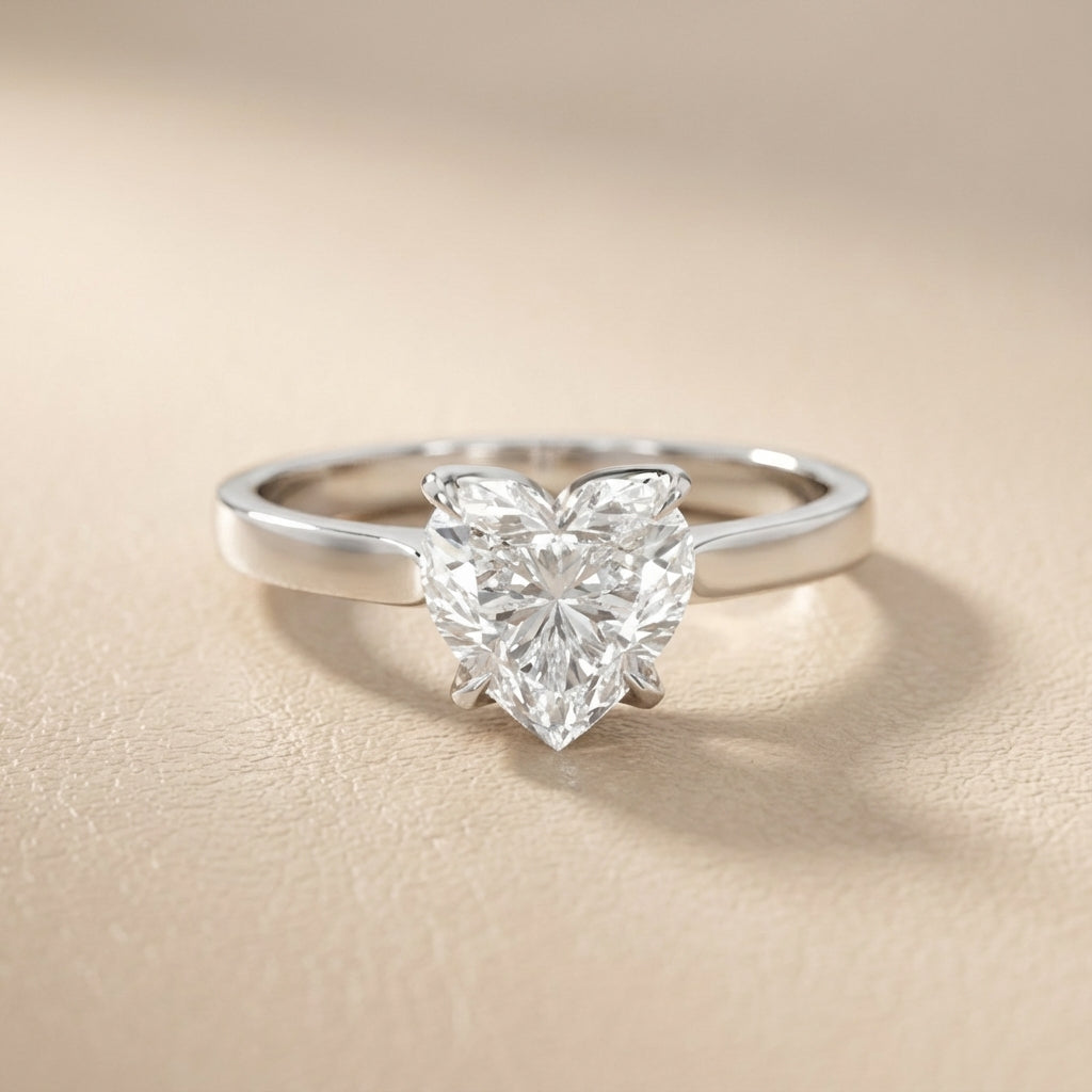 Heart Cut Lab Grown Diamond Solitaire Engagement Ring in gleaming White Gold setting.