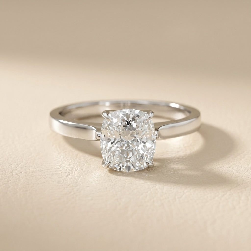 Cushion Cut Lab Grown Diamond Solitaire Engagement Ring with floral basket detail in White Gold