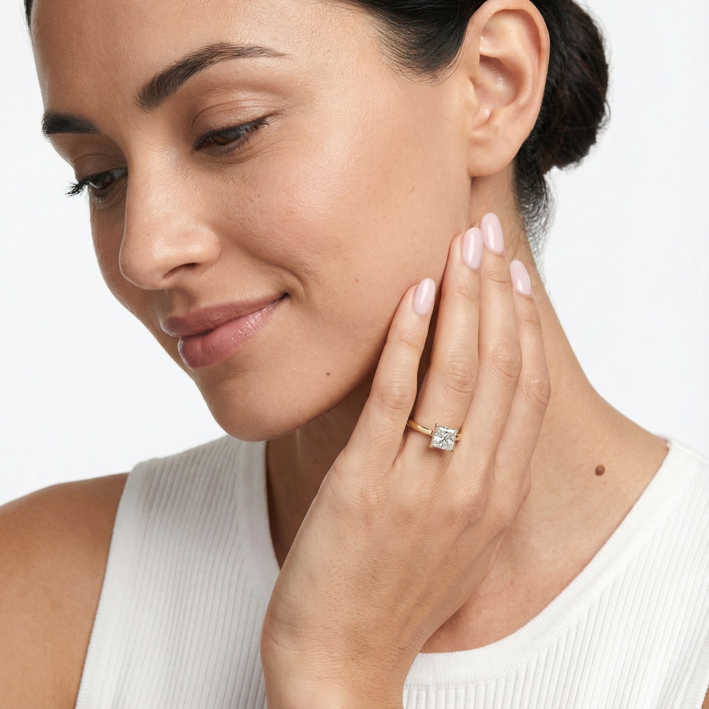 Princess Cut Lab Grown Diamond Solitaire Engagement Ring in Yellow Gold floral setting.