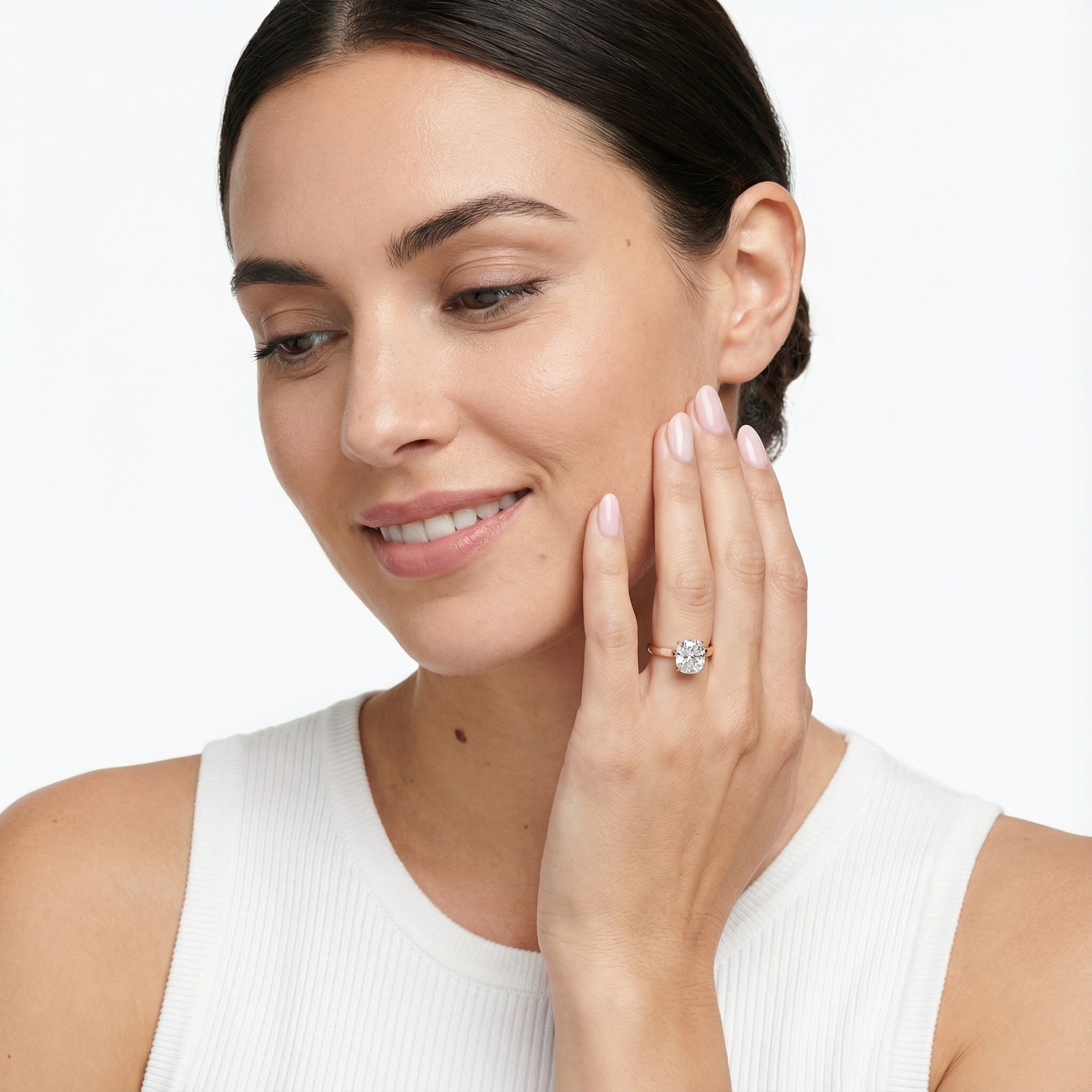 Cushion Cut Lab Grown Diamond Solitaire Engagement Ring with floral basket detail in Rose Gold