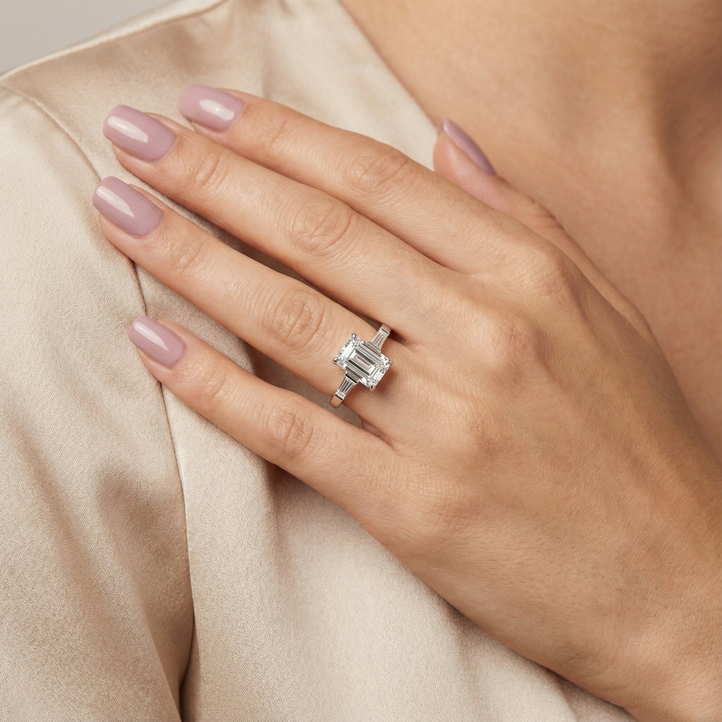 Emerald Cut Lab Grown Diamond Solitaire Engagement Ring in White Gold with Floral Basket Setting