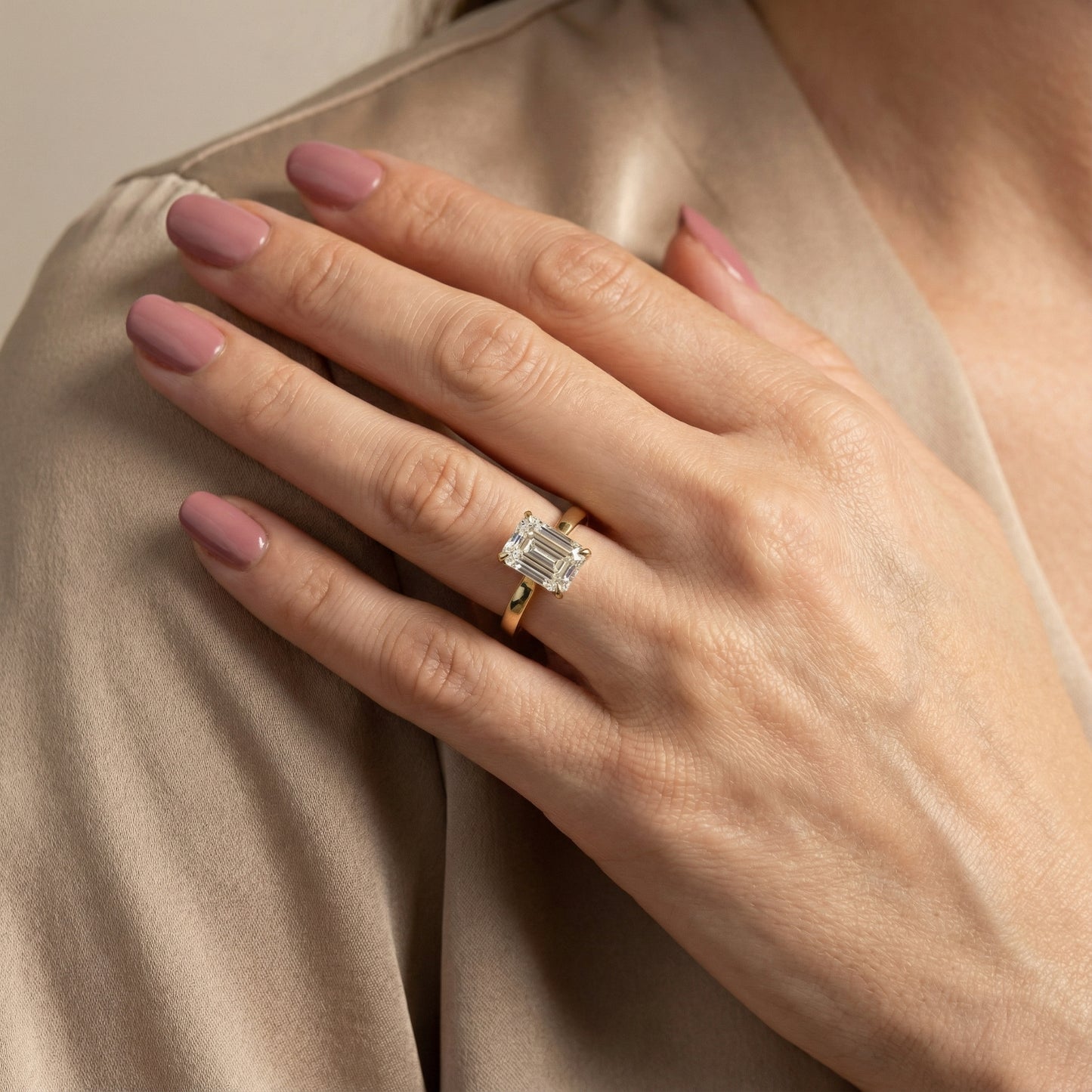 Emerald Cut Lab Grown Diamond Solitaire Engagement Ring in Yellow Gold with Floral Basket Setting
