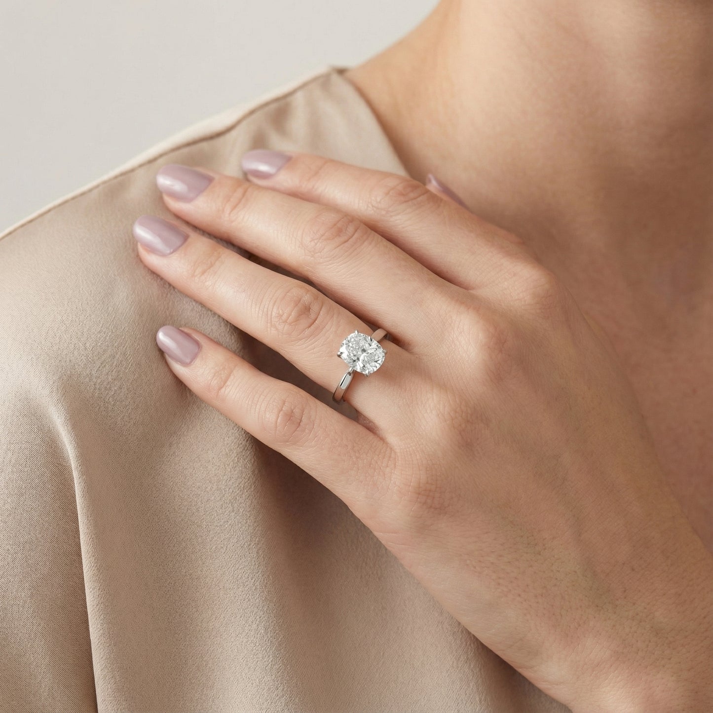 Cushion Cut Lab Grown Diamond Solitaire Engagement Ring with floral basket detail in White Gold