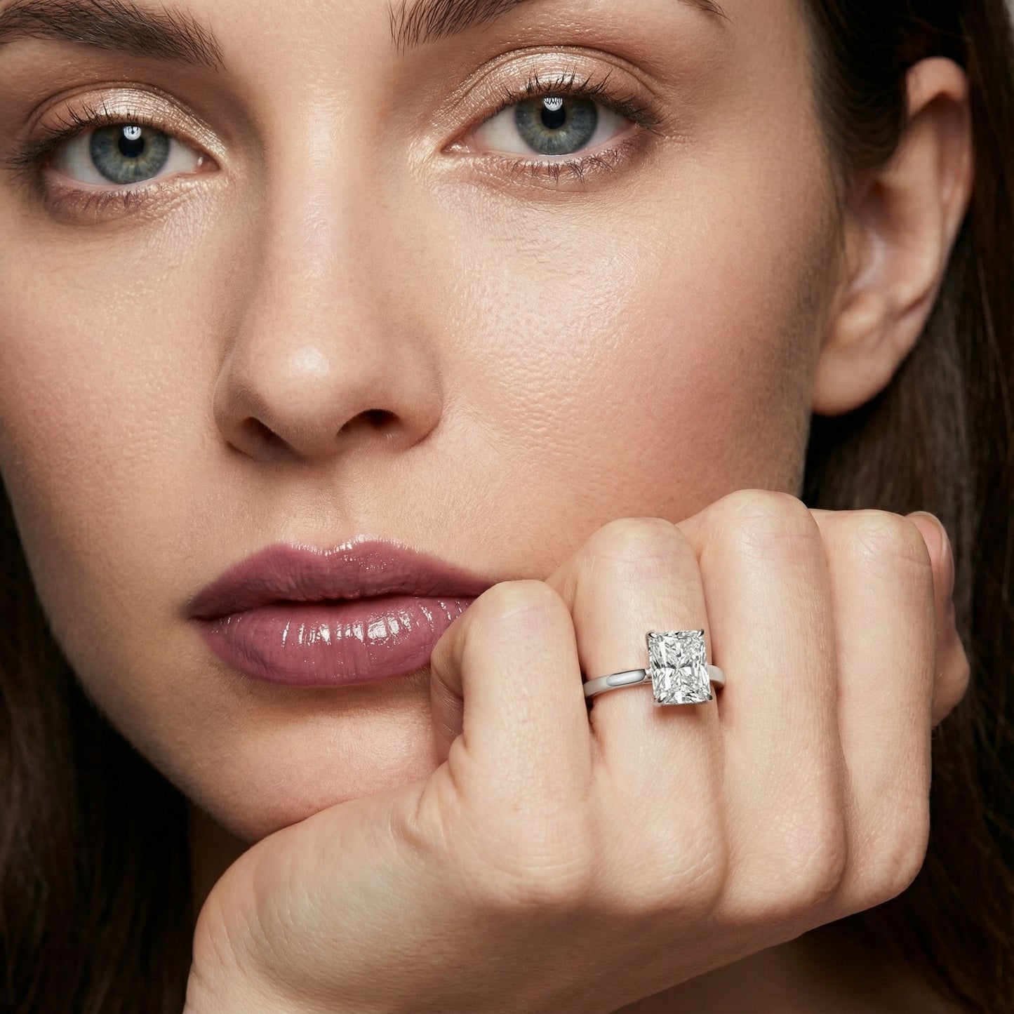 Radiant Cut Lab Grown Diamond Solitaire Engagement Ring in Platinum showing floral prongs