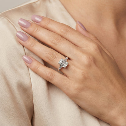 Emerald Cut Lab Grown Diamond Solitaire Engagement Ring in Silver with Floral Basket Setting