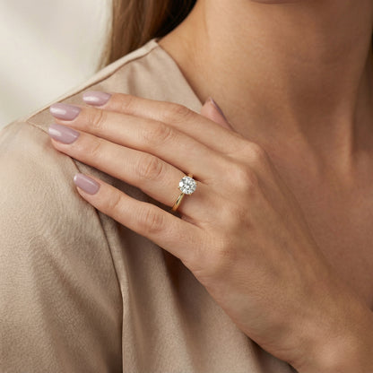 Round cut lab grown diamond solitaire engagement ring in yellow gold with floral basket setting