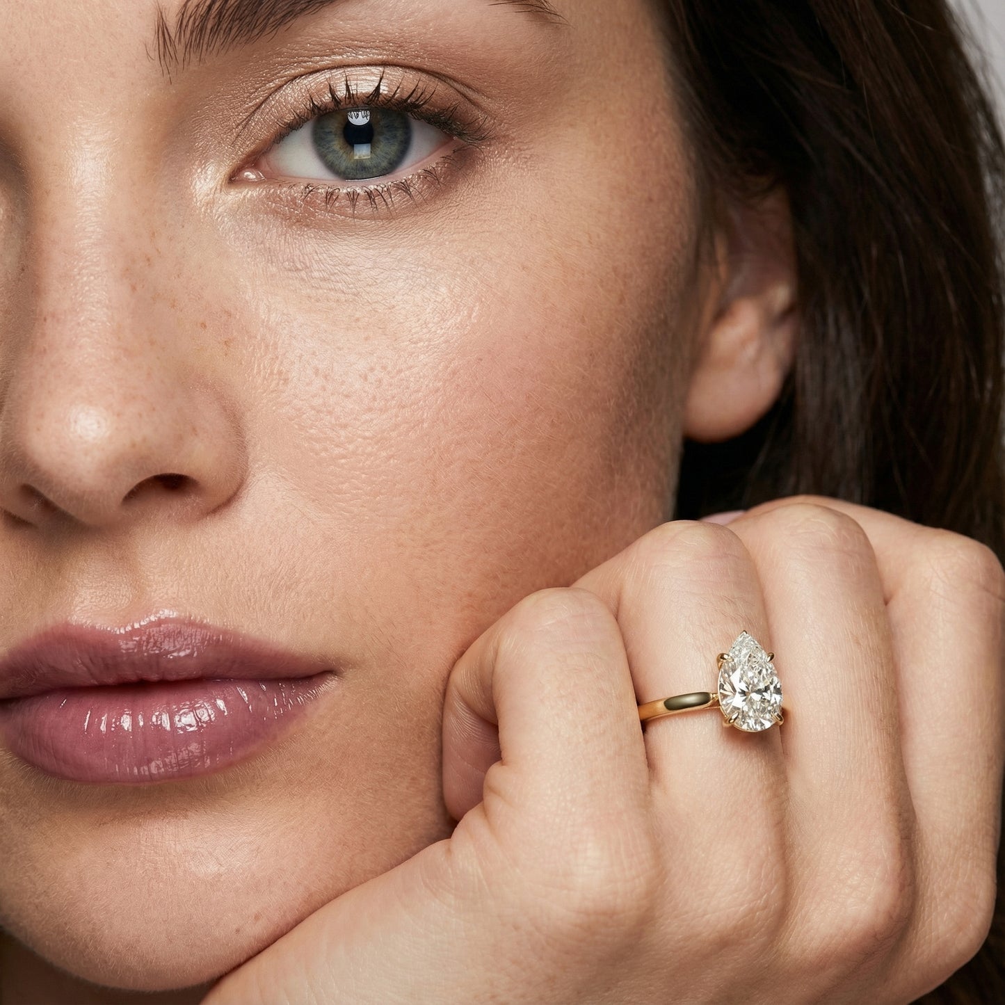 Pear Cut Lab Grown Diamond Solitaire Engagement Ring in Yellow Gold side profile view