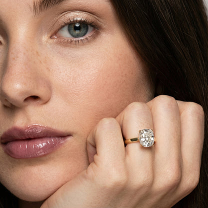 Cushion Cut Lab Grown Diamond Solitaire Engagement Ring with floral basket detail in Yellow Gold