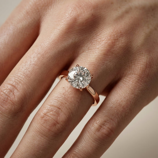Round cut lab grown diamond solitaire engagement ring in rose gold with floral basket setting