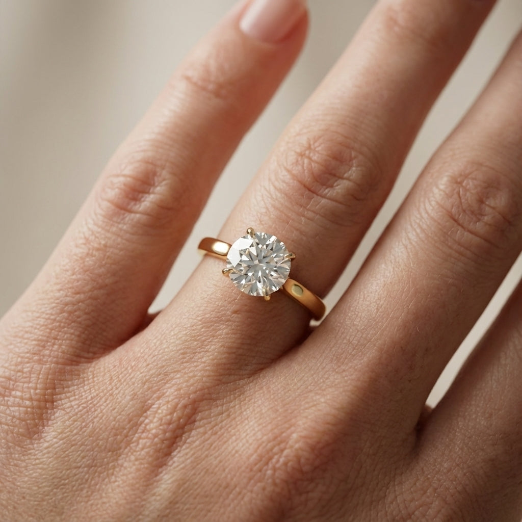 Round cut lab grown diamond solitaire engagement ring in yellow gold with floral basket setting