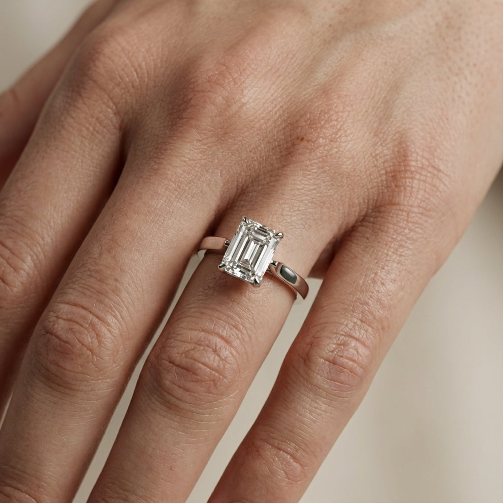 Emerald Cut Lab Grown Diamond Solitaire Engagement Ring in Silver with Floral Basket Setting