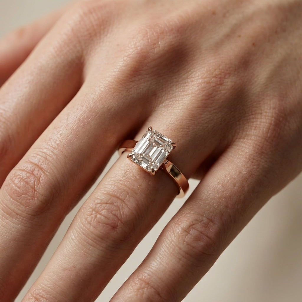 Asscher Cut Lab Grown Diamond Solitaire Engagement Ring in Rose Gold showing floral prong setting.
