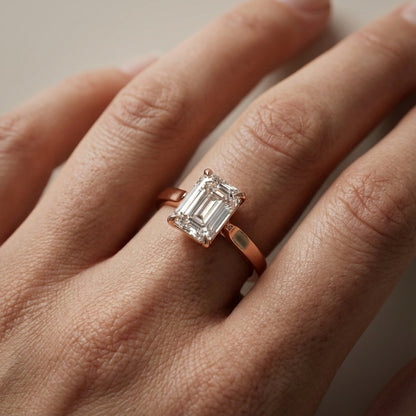 Emerald Cut Lab Grown Diamond Solitaire Engagement Ring in Rose Gold with Floral Basket Setting