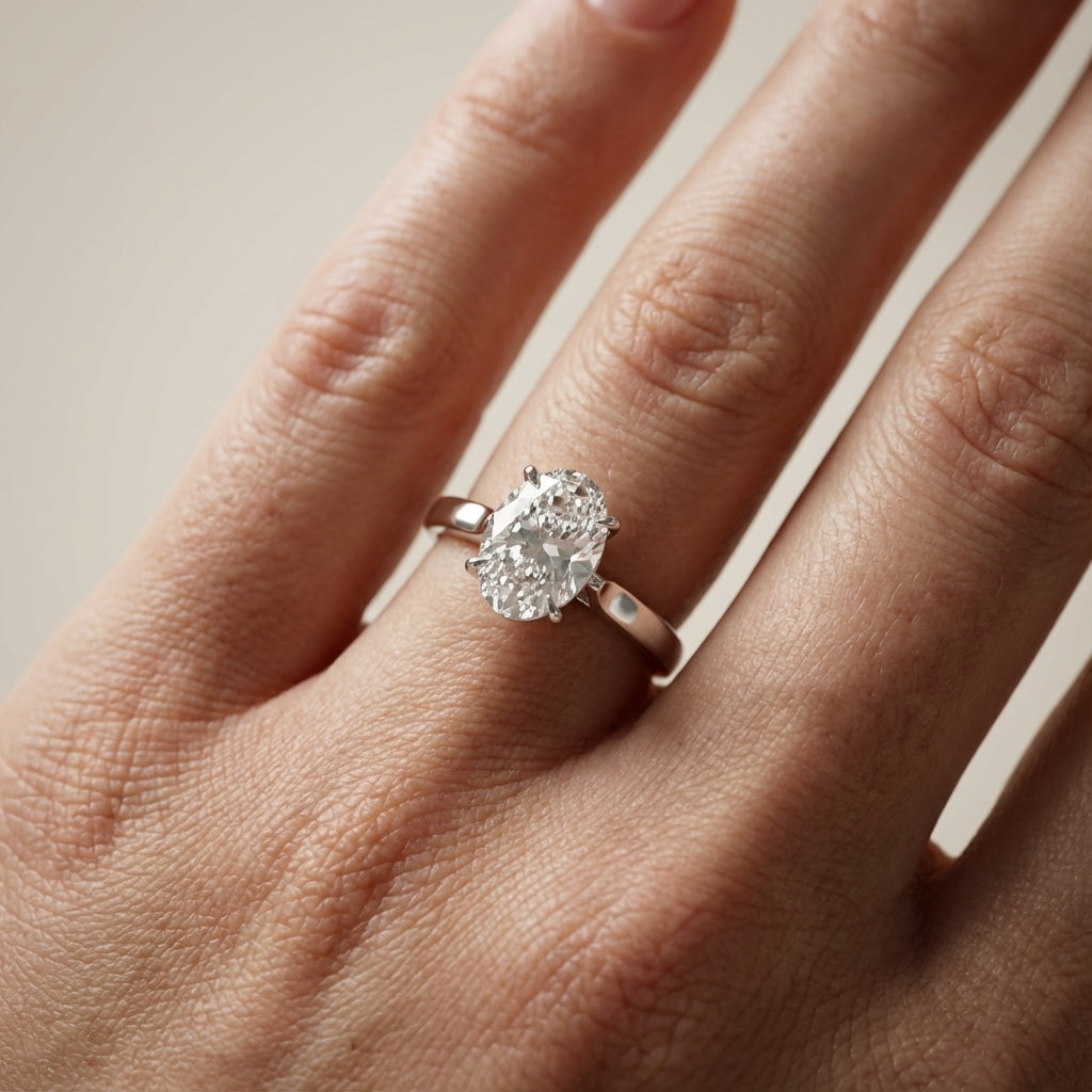 Oval Cut Lab Grown Diamond Solitaire Engagement Ring in Silver with floral basket detail