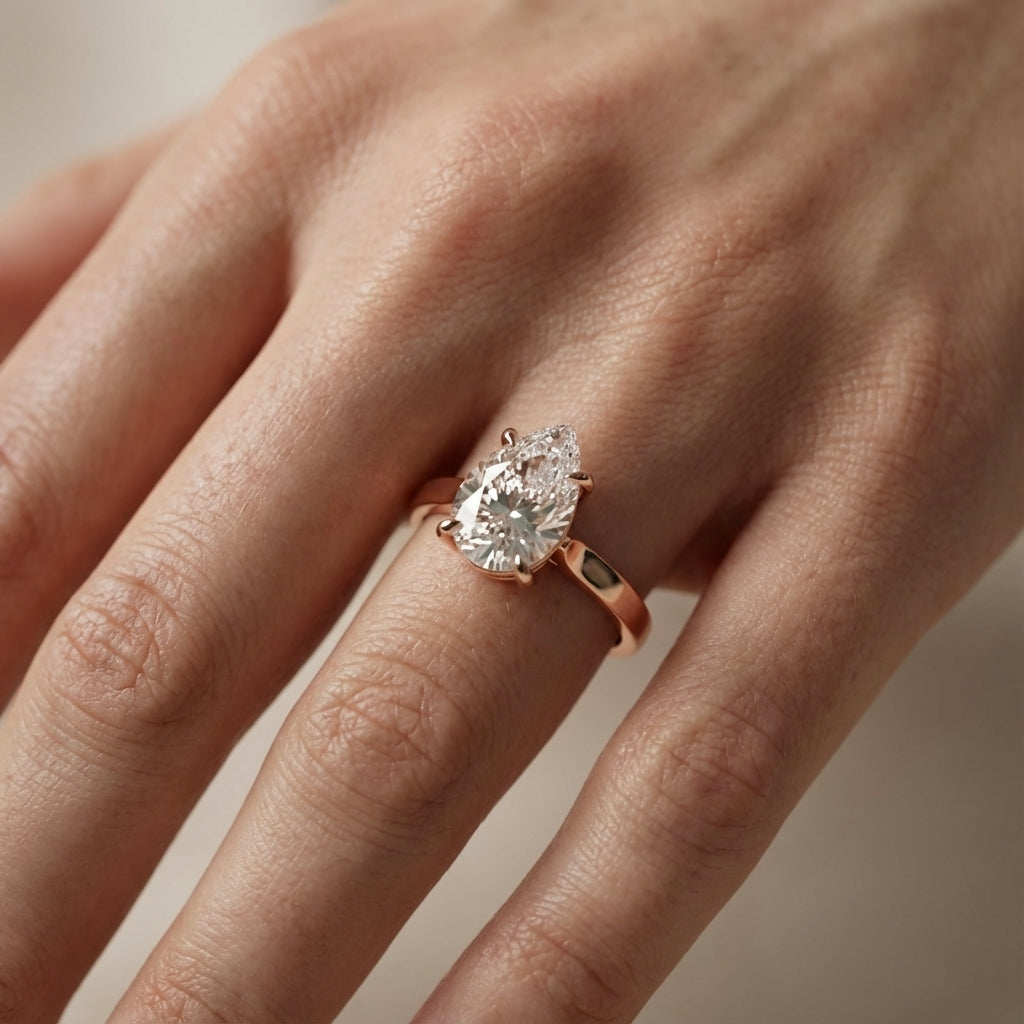 Pear Cut Lab Grown Diamond Solitaire Engagement Ring in Rose Gold showing floral prong details