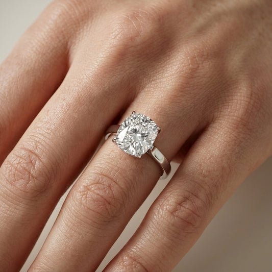 Cushion Cut Lab Grown Diamond Solitaire Engagement Ring with floral basket detail in Platinum