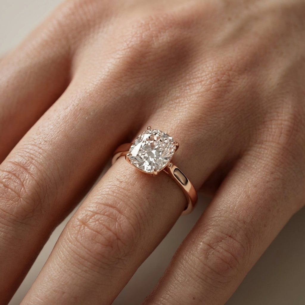 Cushion Cut Lab Grown Diamond Solitaire Engagement Ring with floral basket detail in Rose Gold