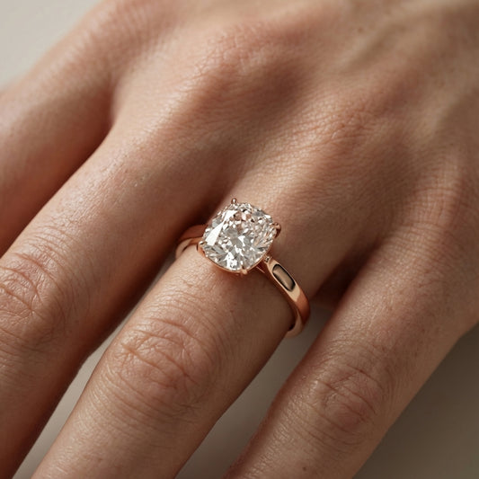 Cushion Cut Lab Grown Diamond Solitaire Engagement Ring with floral basket detail in Rose Gold