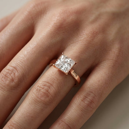Princess Cut Lab Grown Diamond Solitaire Engagement Ring in Rose Gold showing side profile.