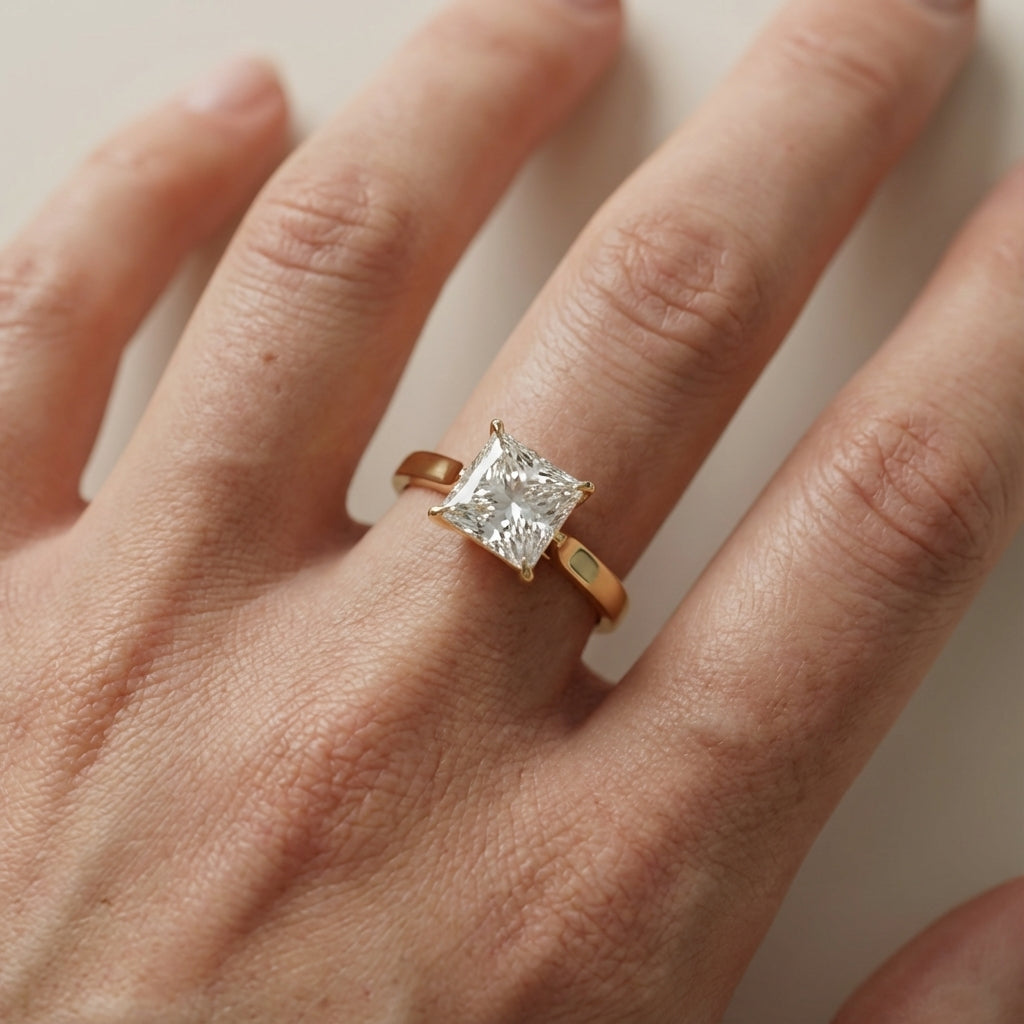 Princess Cut Lab Grown Diamond Solitaire Engagement Ring in Yellow Gold floral setting.