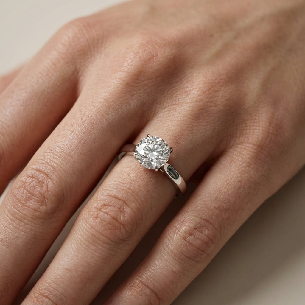 Round cut lab grown diamond solitaire engagement ring in silver with floral basket setting