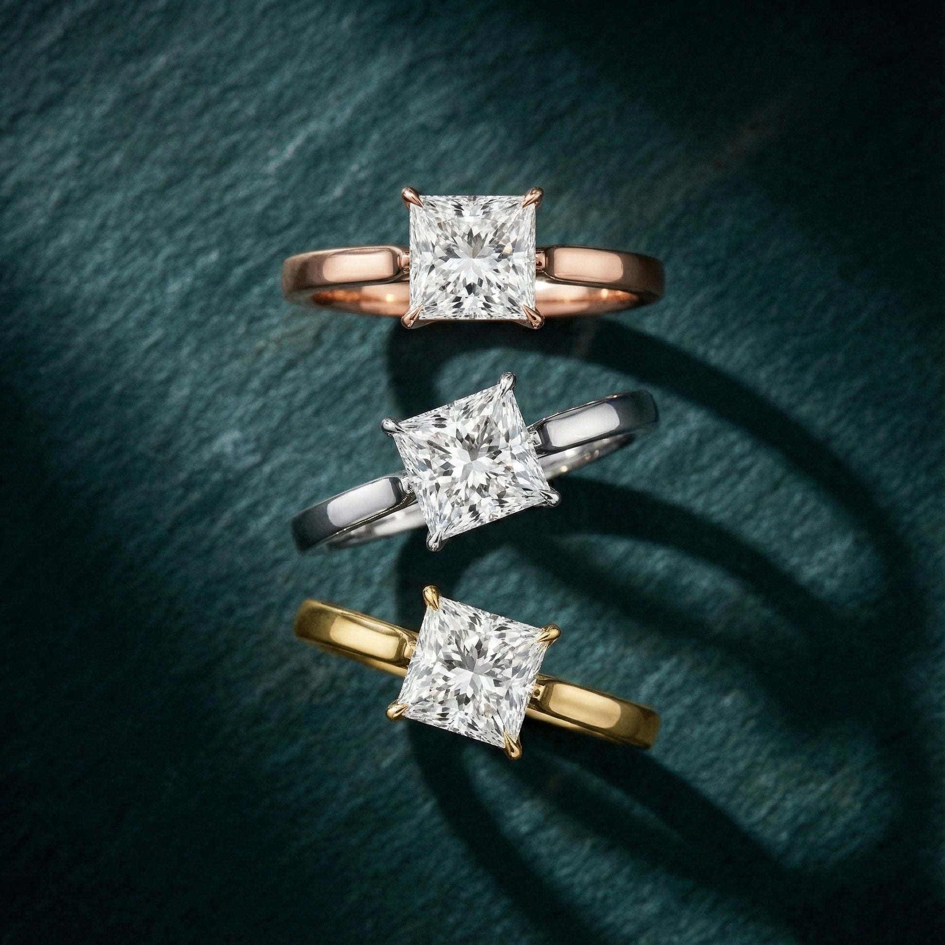 Princess Cut Lab Grown Diamond Solitaire Engagement Ring in White Gold with cathedral setting.