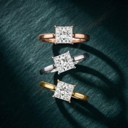 Princess Cut Lab Grown Diamond Solitaire Engagement Ring in Rose Gold showing side profile.