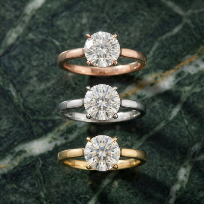 Round cut lab grown diamond solitaire engagement ring in yellow gold with floral basket setting