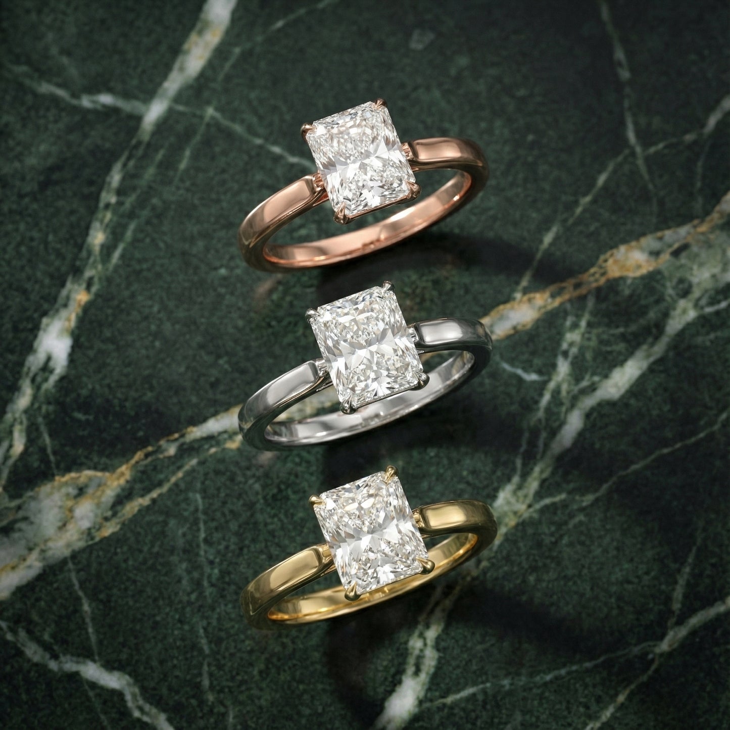 Radiant Cut Lab Grown Diamond Solitaire Engagement Ring in Platinum showing floral prongs