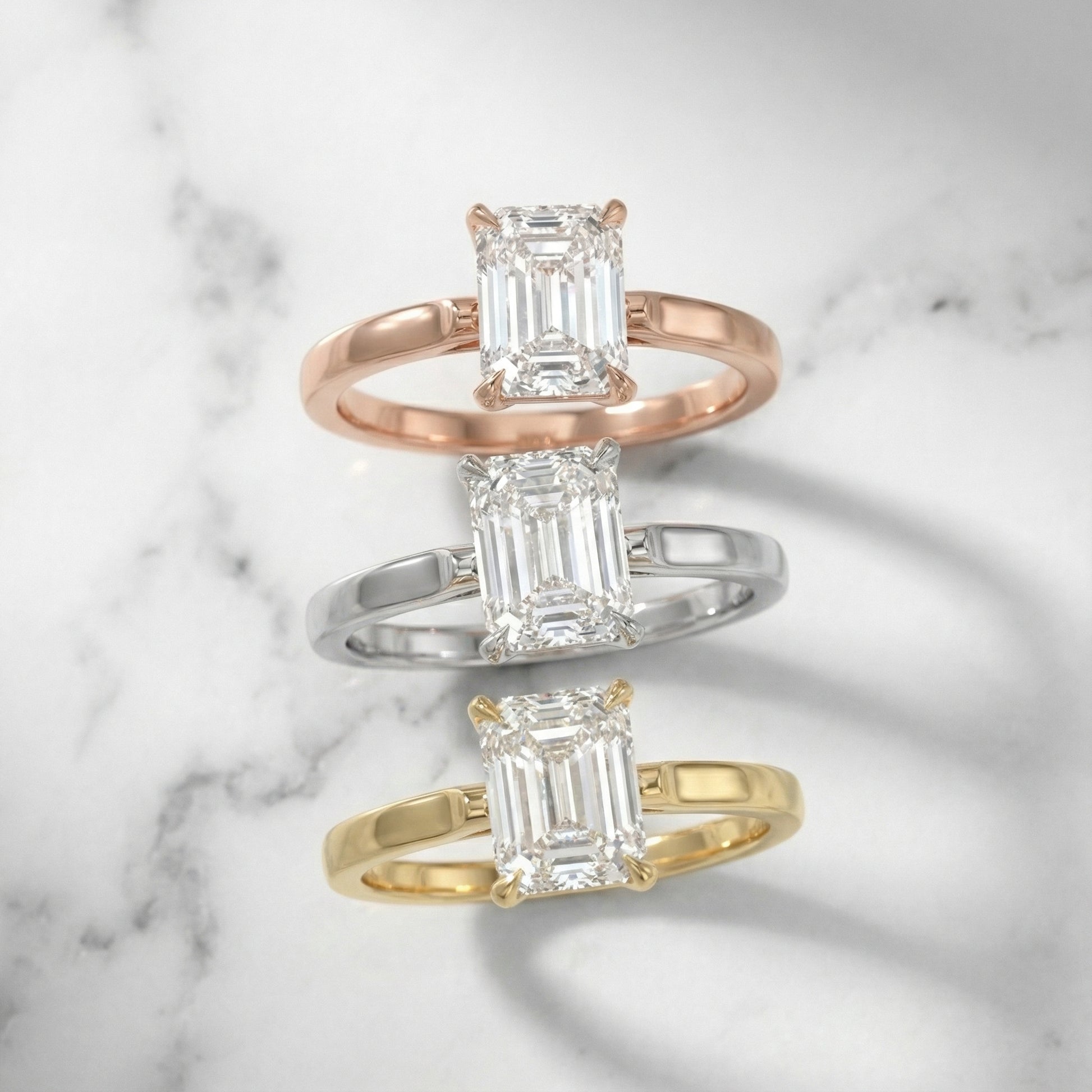 Emerald Cut Lab Grown Diamond Solitaire Engagement Ring in Platinum with Floral Basket Setting