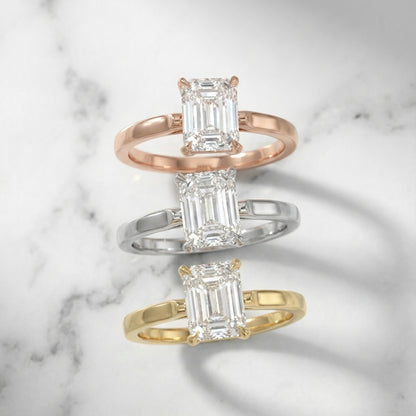 Emerald Cut Lab Grown Diamond Solitaire Engagement Ring in Platinum with Floral Basket Setting