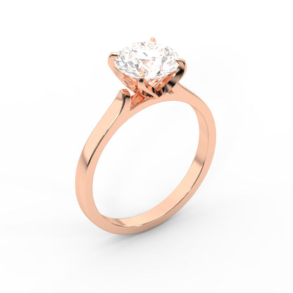 Round cut lab grown diamond solitaire engagement ring in rose gold with floral basket setting